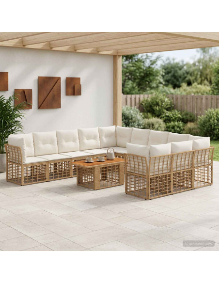 Set Divano da Giardino 12 pz Naturale e Bianco Crema polyrattan