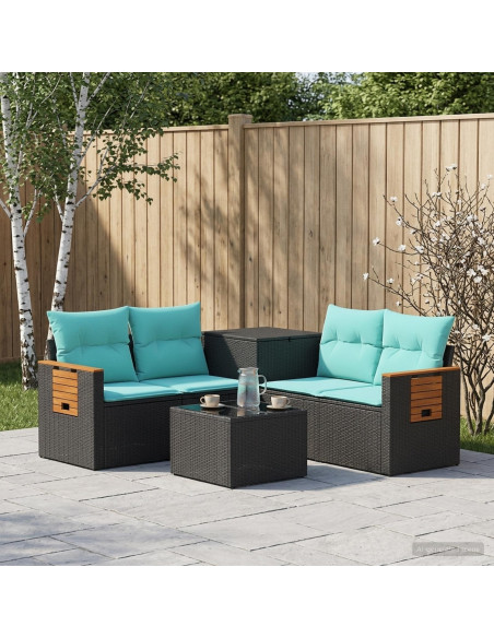 Set di divani 6 pz Nero e Blu Rattan sintetico e Acciaio