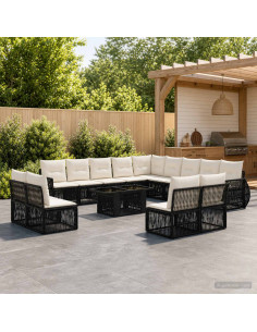 Set Divano da Giardino 14 pz Nero e Bianco Crema polyrattan