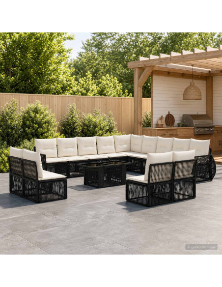 Set Divano da Giardino 14 pz Nero e Bianco Crema polyrattan