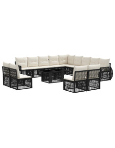 Set Divano da Giardino 14 pz Nero e Bianco Crema polyrattan 2