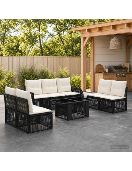 Set Divano da Giardino 8 pz Nero e Bianco Crema polyrattan