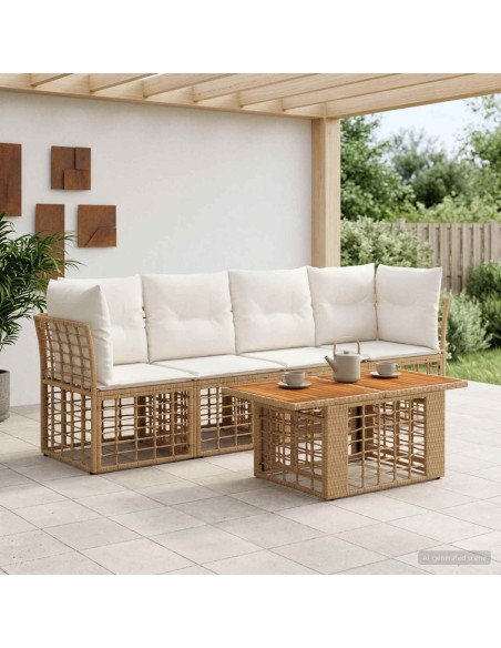 Set Divano da Giardino 5 pz Naturale e Bianco Crema polyrattan