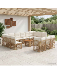 Set Divano da Giardino 14 pz Naturale e Bianco Crema polyrattan