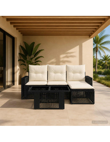 Set Divano da Giardino 5 pz Nero e Bianco Crema polyrattan