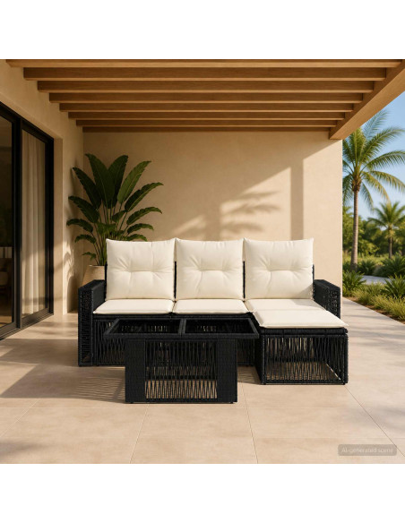 Set Divano da Giardino 5 pz Nero e Bianco Crema polyrattan