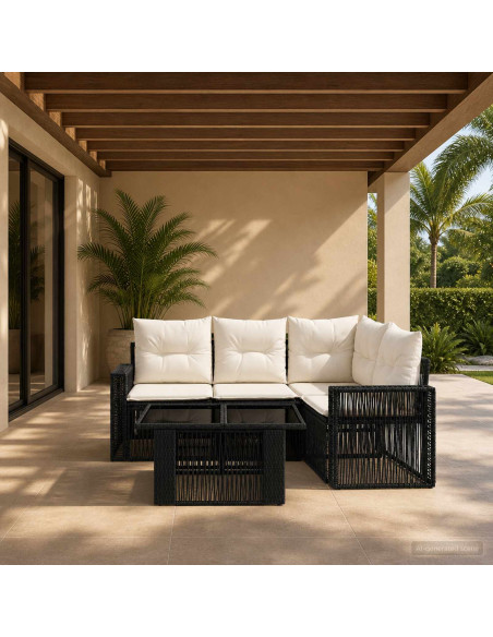 Set Divano da Giardino 5 pz Nero e Bianco Crema polyrattan