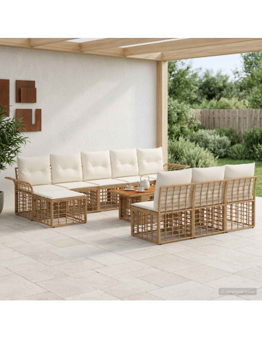 Set Divano da Giardino 11 pz Naturale e Bianco Crema polyrattan