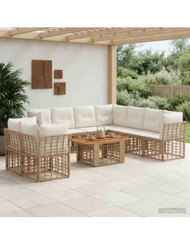 Set Divano da Giardino 10 pz Naturale e Bianco Crema polyrattan