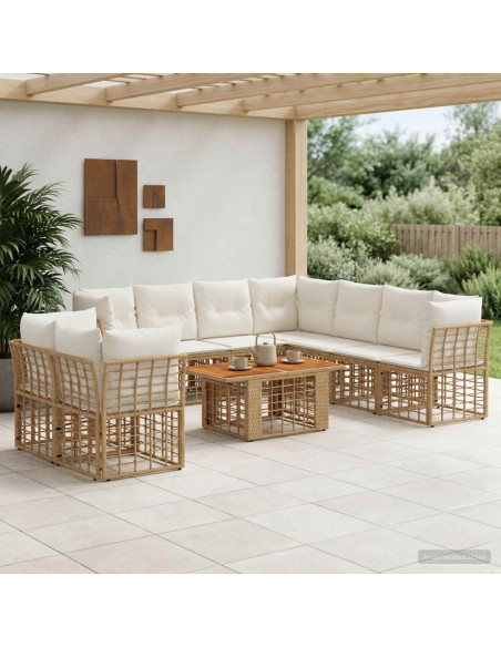 Set Divano da Giardino 10 pz Naturale e Bianco Crema polyrattan