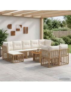 Set Divano da Giardino 10 pz Naturale e Bianco Crema polyrattan