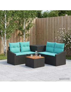 Set di divani 6 pz Nero e Blu Rattan sintetico e Acciaio