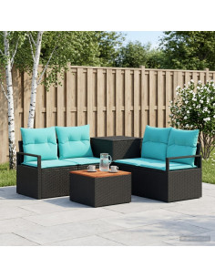 Set di divani 6 pz Nero e Blu Rattan sintetico e Acciaio
