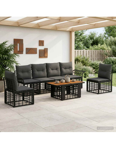 Set Divano da Giardino 7 pz Nero e Grigio scuro polyrattan