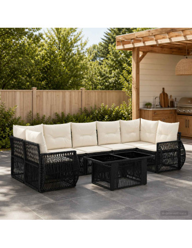 Set Divano da Giardino 8 pz Nero e Bianco Crema polyrattan
