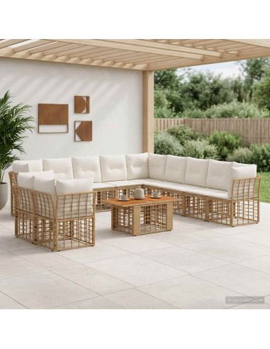 Set Divano da Giardino 12 pz Naturale e Bianco Crema polyrattan
