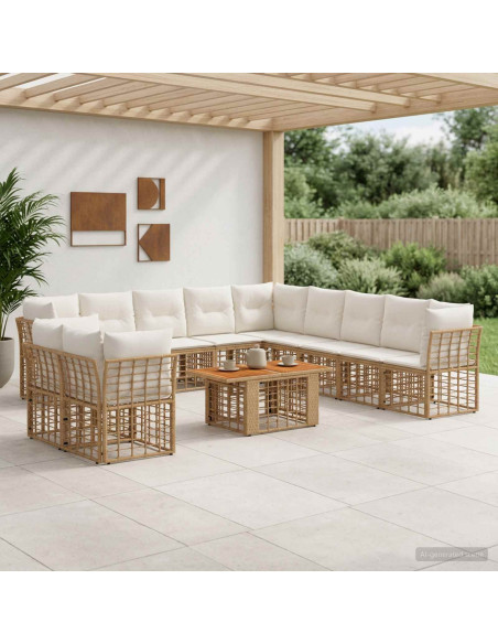 Set Divano da Giardino 12 pz Naturale e Bianco Crema polyrattan