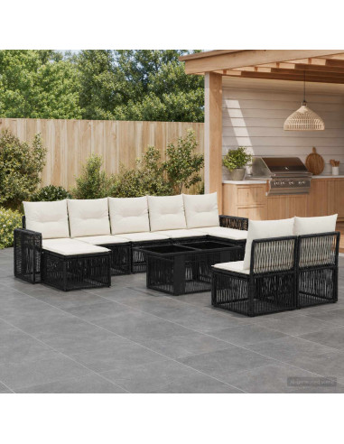 Set Divano da Giardino 10 pz Nero e Bianco Crema polyrattan