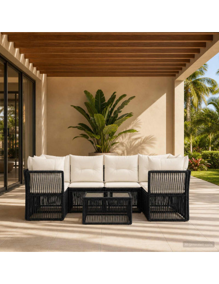 Set Divano da Giardino 7 pz Nero polyrattan