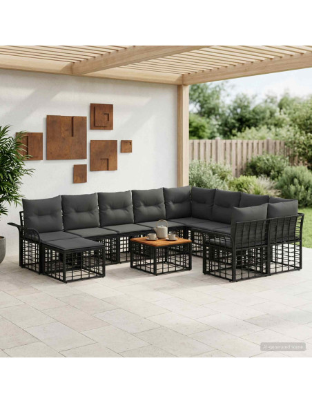 Set di divani da esterno 11 pz Nero e Grigio scuro polyrattan