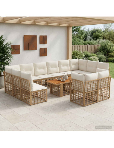 Set Divano da Giardino 13 pz Naturale e Bianco Crema polyrattan