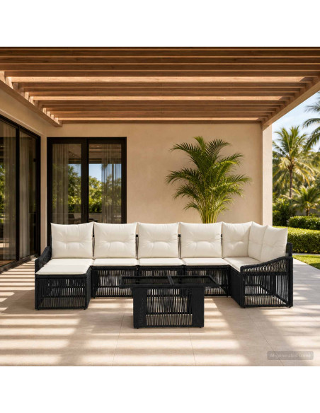 Set Divano da Giardino 8 pz Nero e Bianco Crema polyrattan