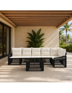 Set Divano da Giardino 7 pz Nero e Bianco Crema polyrattan