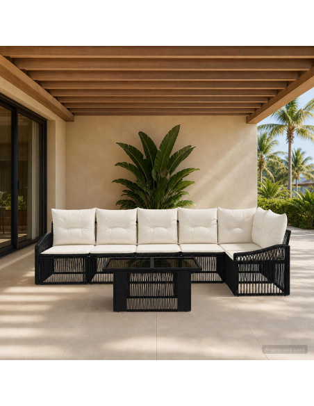 Set Divano da Giardino 7 pz Nero e Bianco Crema polyrattan