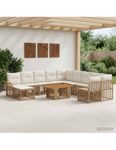 Set Divano da Giardino 12 pz Naturale e Bianco Crema polyrattan