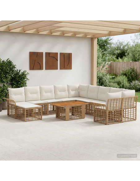Set Divano da Giardino 12 pz Naturale e Bianco Crema polyrattan