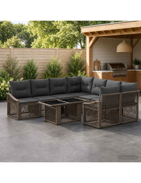 Set Divano da Giardino 9 pz Grigio e Grigio Scuro polyrattan