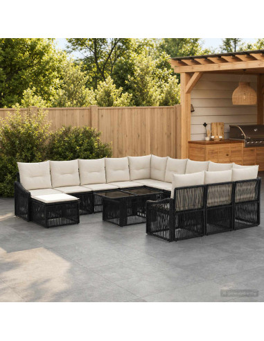 Set Divano da Giardino 13 pz Nero e Bianco Crema polyrattan