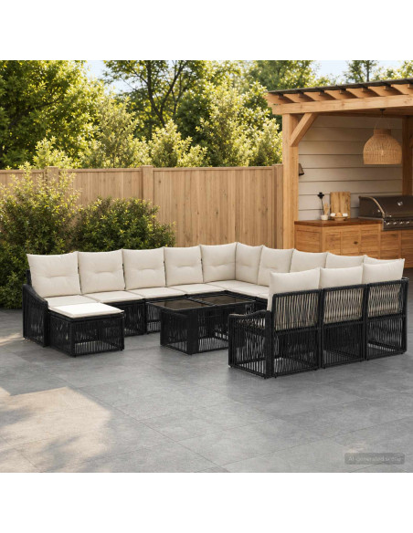 Set Divano da Giardino 13 pz Nero e Bianco Crema polyrattan
