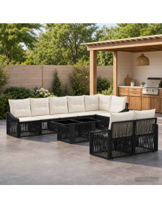 Set Divano da Giardino 9 pz Nero e Bianco Crema polyrattan