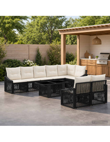 Set Divano da Giardino 9 pz Nero e Bianco Crema polyrattan