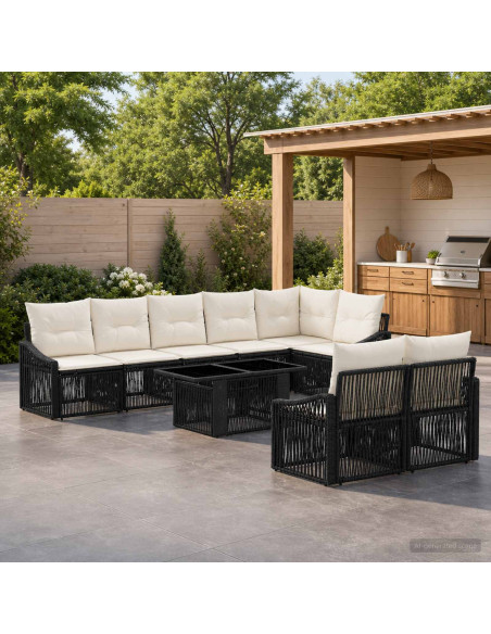 Set Divano da Giardino 9 pz Nero e Bianco Crema polyrattan