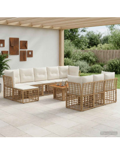 Set Divano da Giardino 11 pz Naturale e Bianco Crema polyrattan