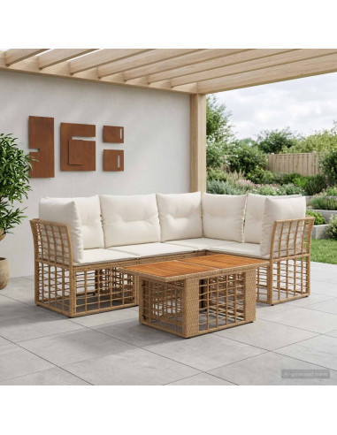 Set Divano da Giardino 4 pz Naturale e Bianco Crema polyrattan