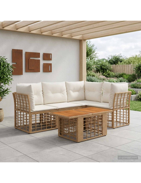 Set Divano da Giardino 4 pz Naturale e Bianco Crema polyrattan