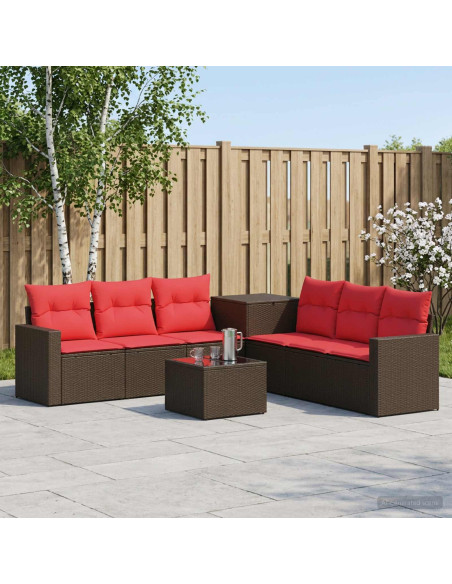 Set di divani 8 pz Marrone e Rosso Rattan sintetico e Acciaio