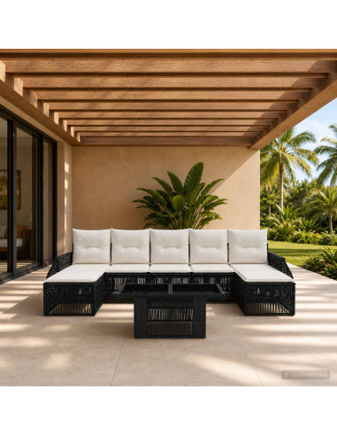 Set Divano da Giardino 8 pz Nero e Bianco Crema polyrattan