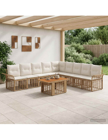 Set Divano da Giardino 10 pz Naturale e Bianco Crema polyrattan