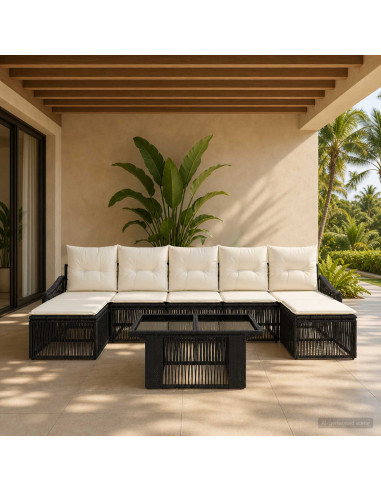 Set Divano da Giardino 8 pz Nero e Bianco Crema polyrattan