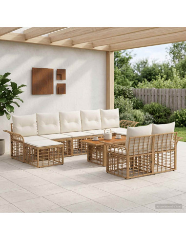 Set Divano da Giardino 10 pz Naturale e Bianco Crema polyrattan
