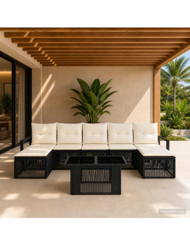 Set Divano da Giardino 8 pz Nero e Bianco Crema polyrattan