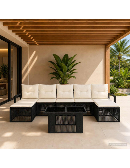 Set Divano da Giardino 8 pz Nero e Bianco Crema polyrattan