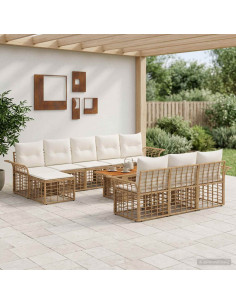 Set Divano da Giardino 11 pz Naturale e Bianco Crema polyrattan