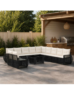 Set Divano da Giardino 12 pz Nero e Bianco Crema polyrattan