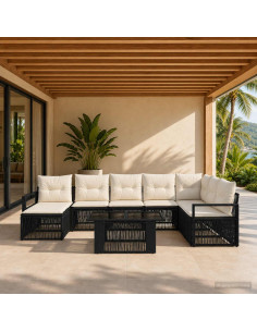 Set Divano da Giardino 9 pz Nero e Bianco Crema polyrattan