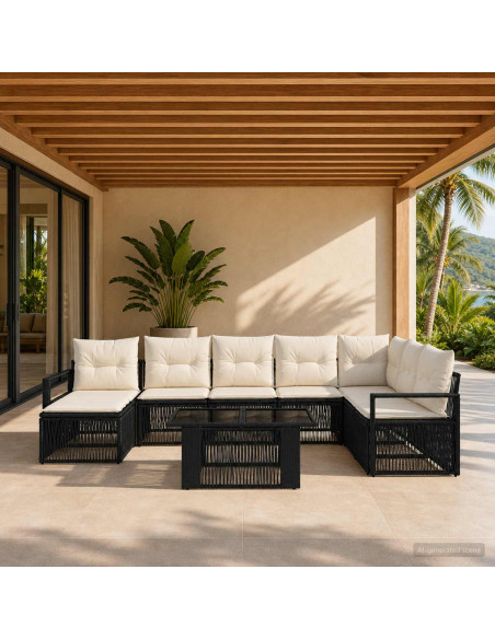 Set Divano da Giardino 9 pz Nero e Bianco Crema polyrattan